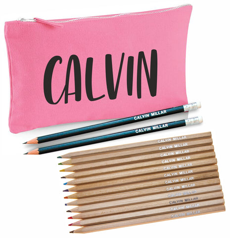Pink Canvas Pencil Case with 12 Colouring Pencils and 2 HB Pencils