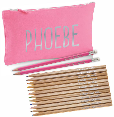 Pink Canvas Pencil Case with 12 Colouring Pencils and 2 HB Pencils