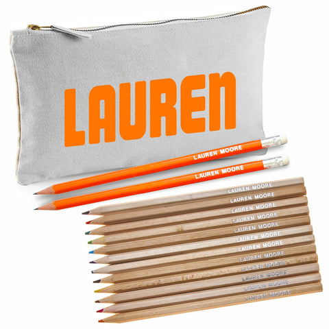 Grey Canvas Pencil Case with 12 Colouring Pencils and 2 HB Pencils