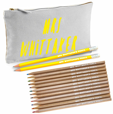 Grey Canvas Pencil Case with 12 Colouring Pencils and 2 HB Pencils
