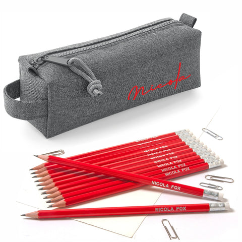 Grey Block Style Pencil Case with Pencils